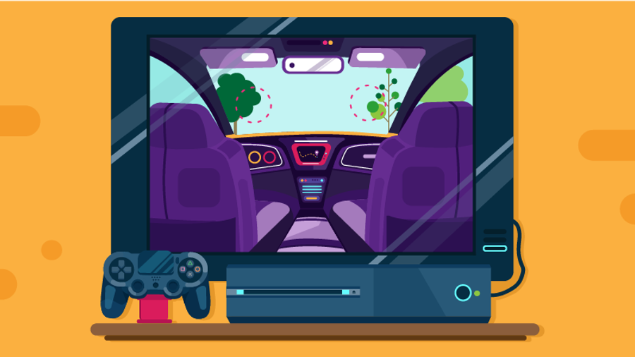 Screen with an image of the inside of a car, connected to a game station and controller.