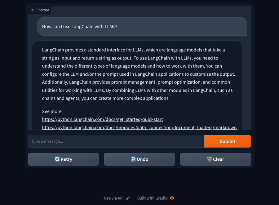 Screenshot of a chat bot interface. A user has asked "How can I use LangChain with LLMs?", and an AI bot has responded with "LangChain provides a standard interface for LLMs, which are language models that take a string as input and return a string as output. To use LangChain with LLMs, you need to understand the different types of language models and how to work with them. You can configure the LLM and/or the prompt used in LangChain applications to customize the output. Additionally, LangChain provides prompt management, prompt optimization, and common utilities for working with LLMs. By combining LLMs with other modules in LangChain, such as chains and agents, you can create more complex applications.". It has also provided the sources for its answer